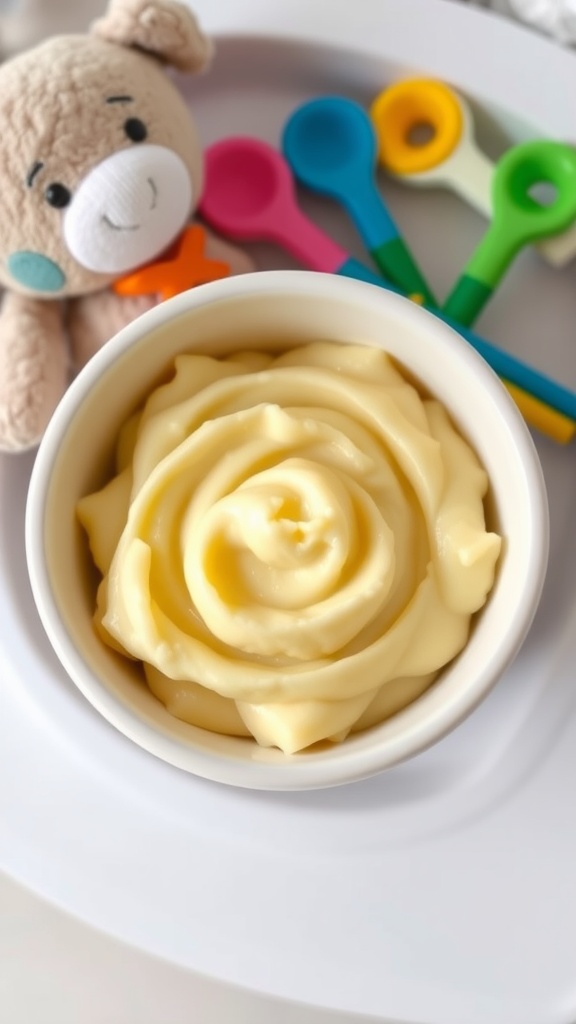 A small bowl of creamy mashed potatoes for a baby, with colorful utensils on a high chair tray.